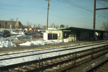 The Levittown train station and rail corridor after winter snow.