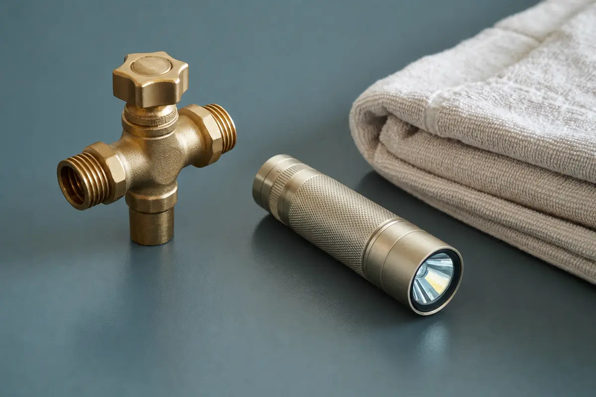 An unbranded shutoff valve, switched-off flashlight, and folded towel arranged on a dry teal surface.