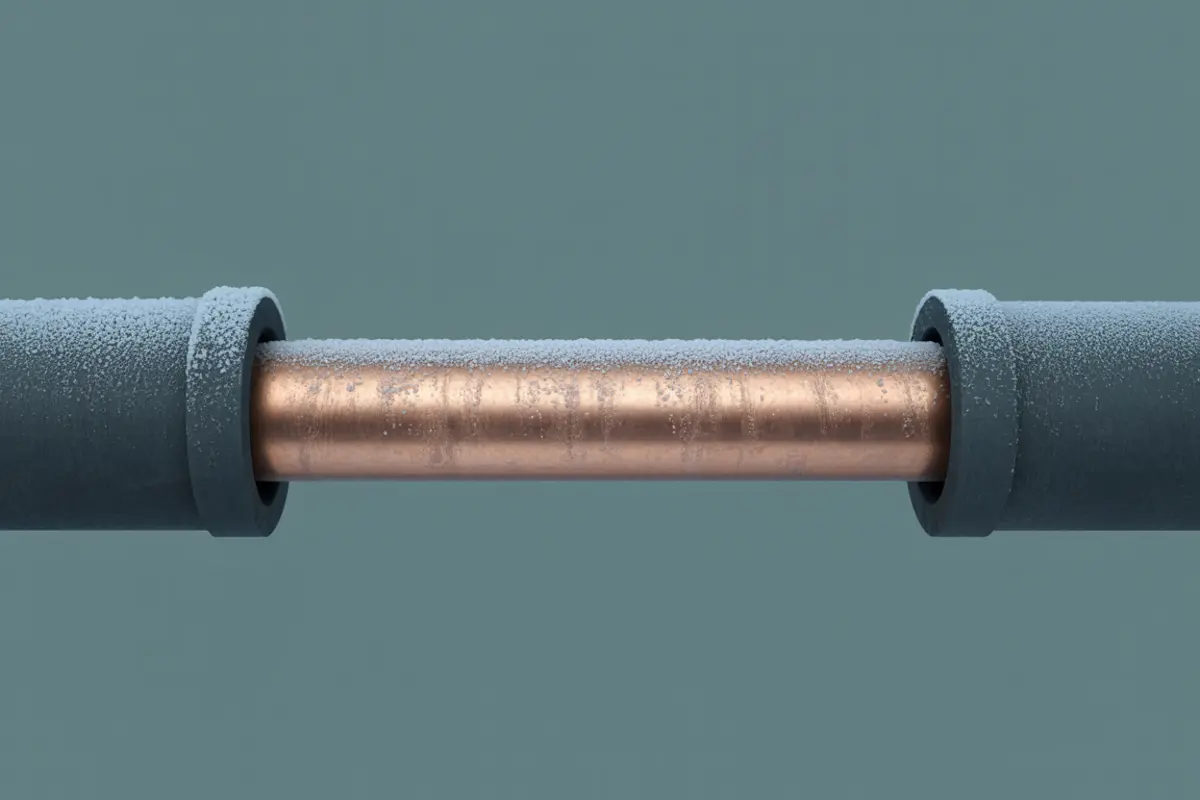 An insulated copper water line with a short frost-exposed section.