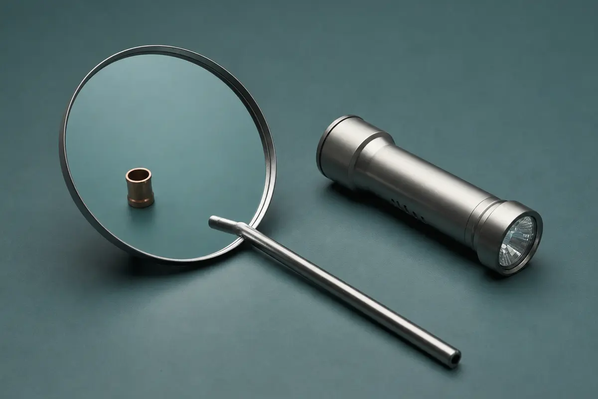 An unbranded inspection mirror, switched-off flashlight, and reflected copper coupling arranged on a teal work surface.