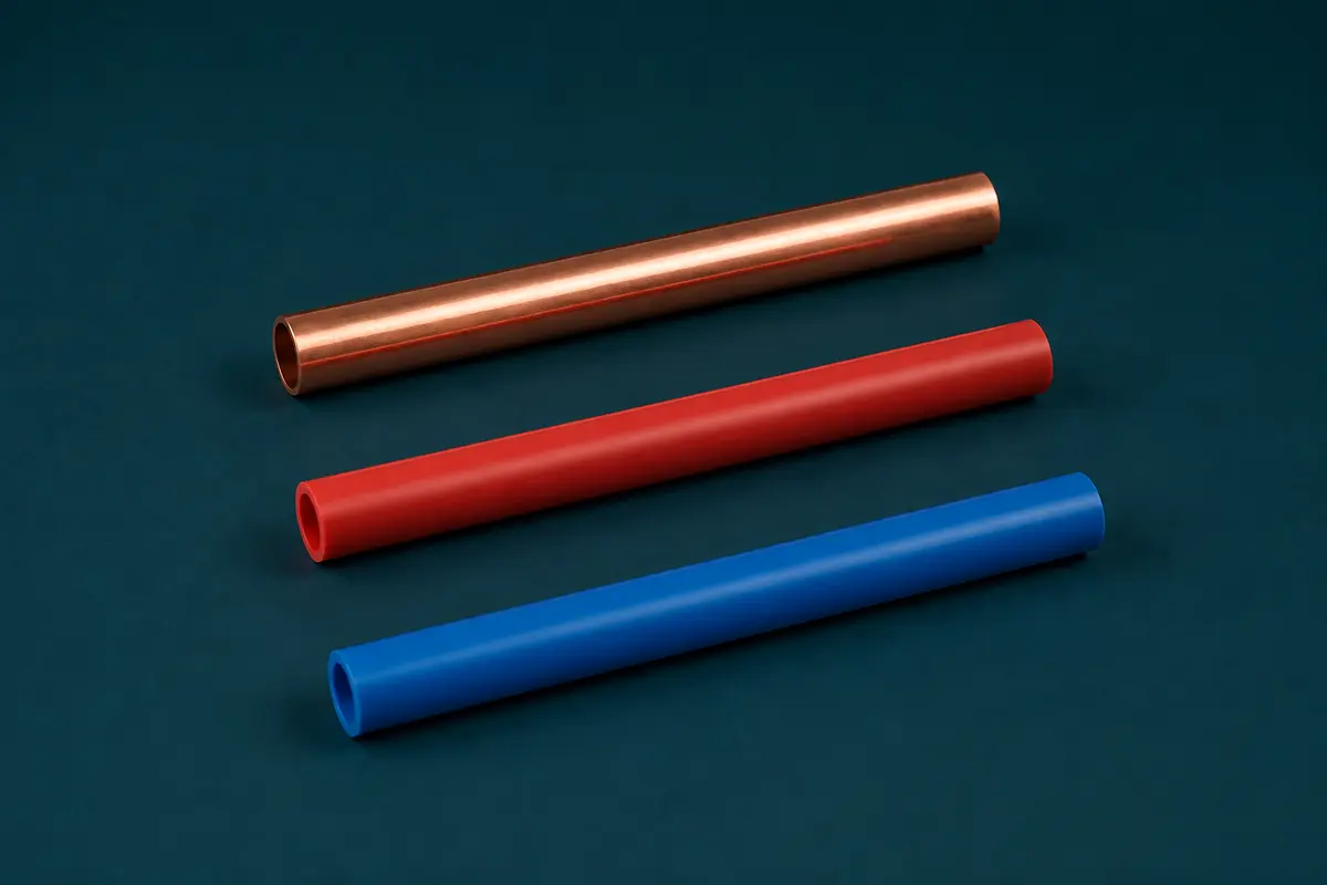 Three straight, separate pipe samples in copper, red PEX, and blue PEX.