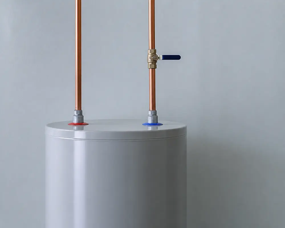 Generic tank water heater with two copper top connections and a shutoff on the cold inlet.