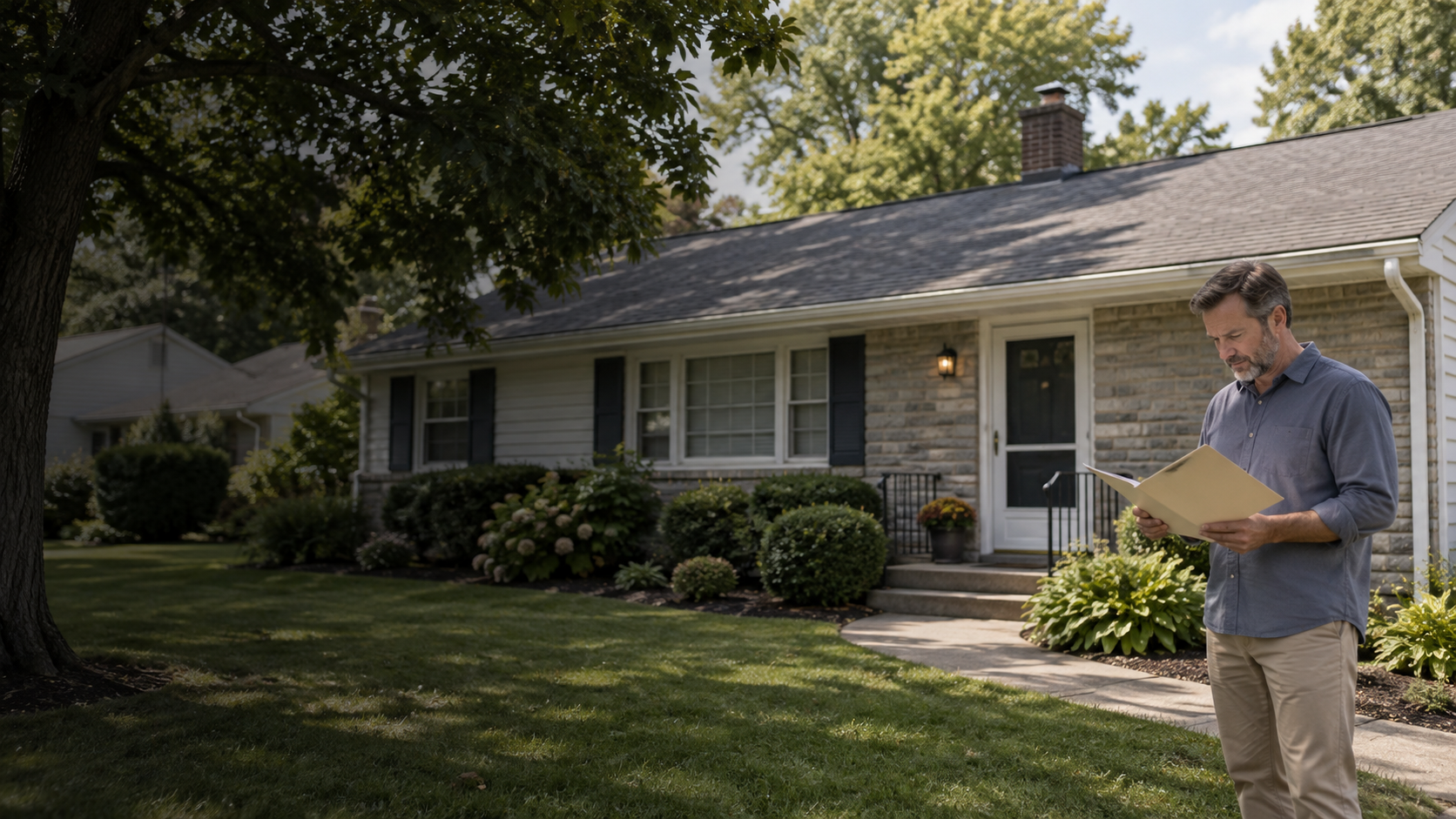 A modest postwar Levittown-style ranch home in Bucks County with open lawn and mature trees.