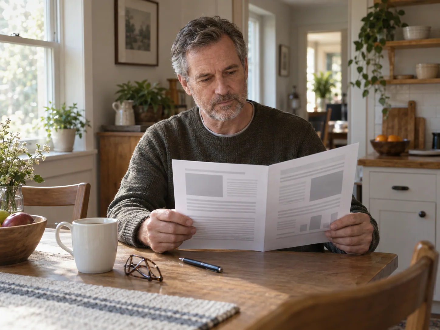 A homeowner at a kitchen table thoughtfully reviewing a printed inspection report with a pen, reading glasses, and a coffee mug nearby.
