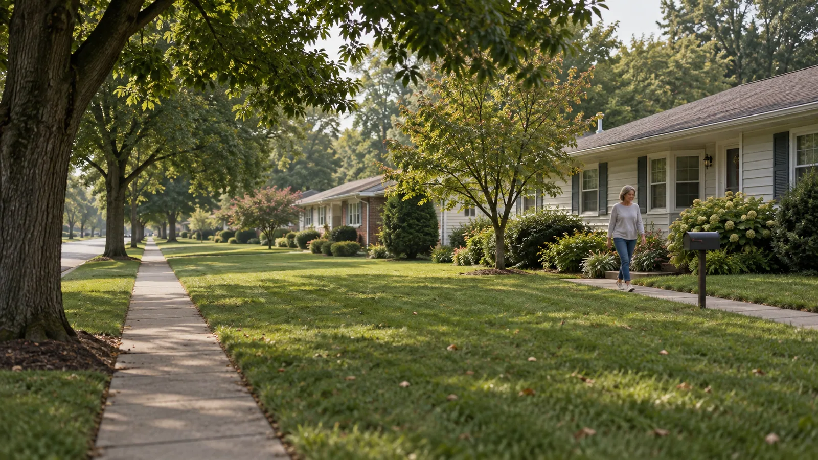 A tidy postwar residential street in Lower Bucks with mature trees, modest single-story ranch homes, and a homeowner on a front walk.