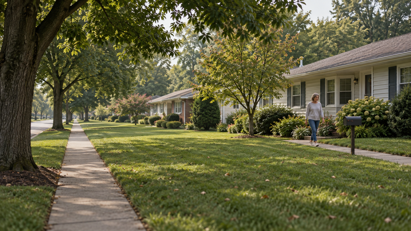 A tidy postwar residential street in Lower Bucks with mature trees and modest single-story homes.
