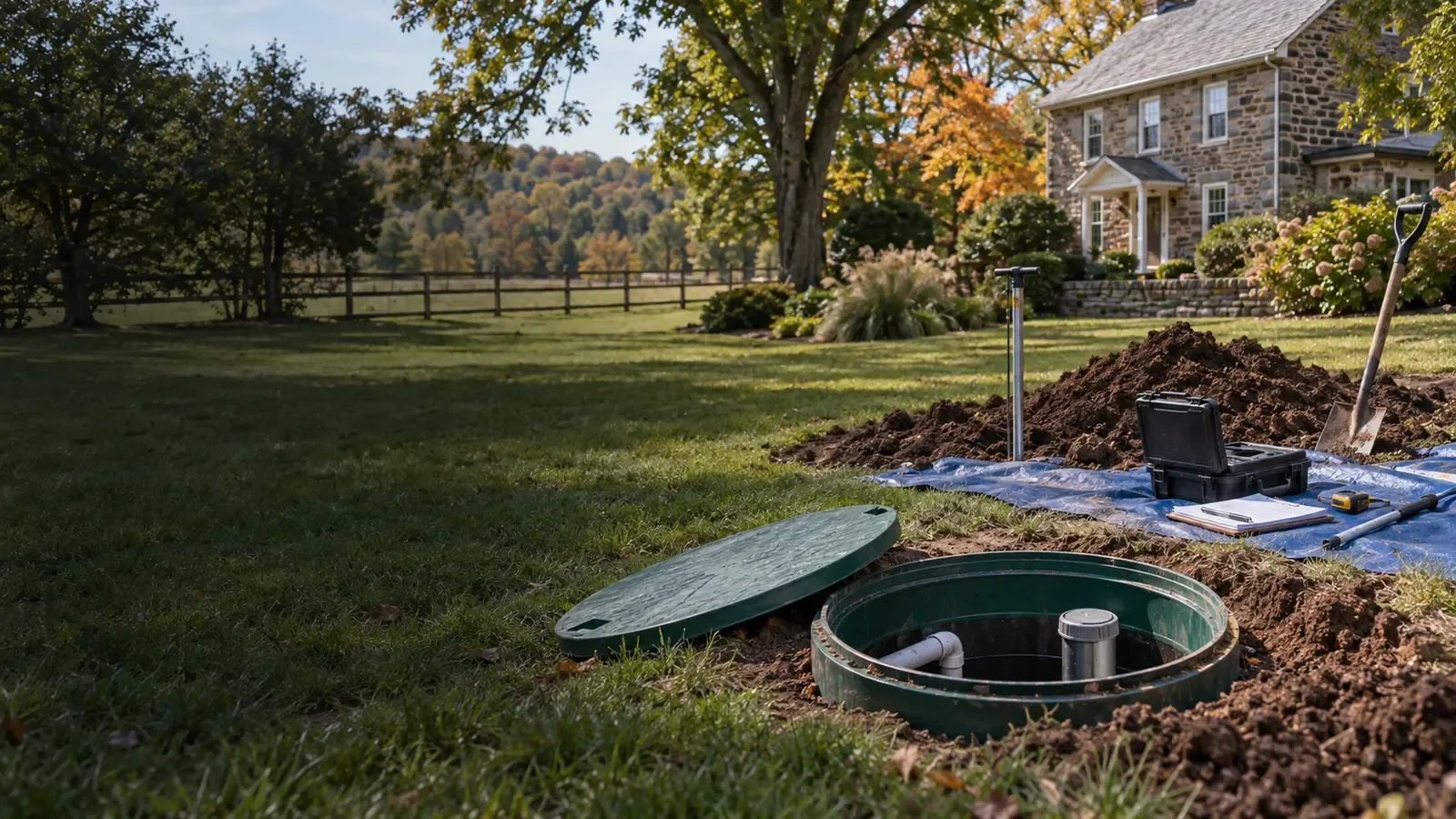 An open septic tank riser and soil-test equipment on a Bucks County property with a stone farmhouse in the background.
