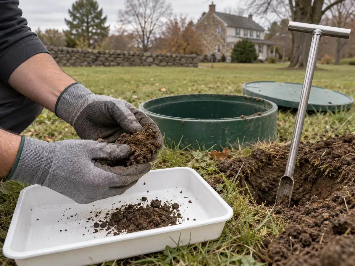 Gloved hands examining a soil sample beside an open septic riser and a plain soil probe.