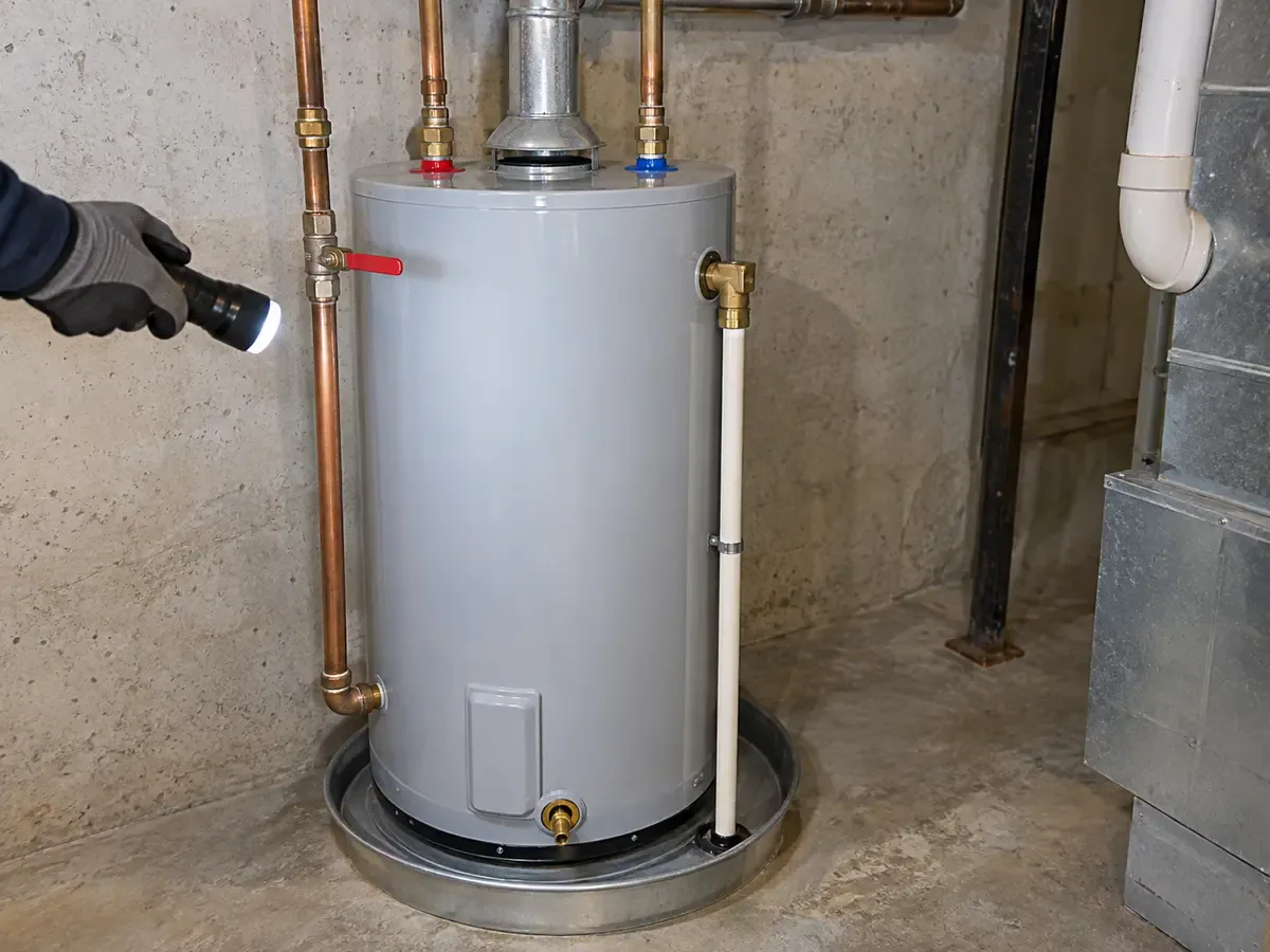A gloved inspector shines a flashlight on a water heater's shutoff, vent, relief discharge pipe, and drain pan.