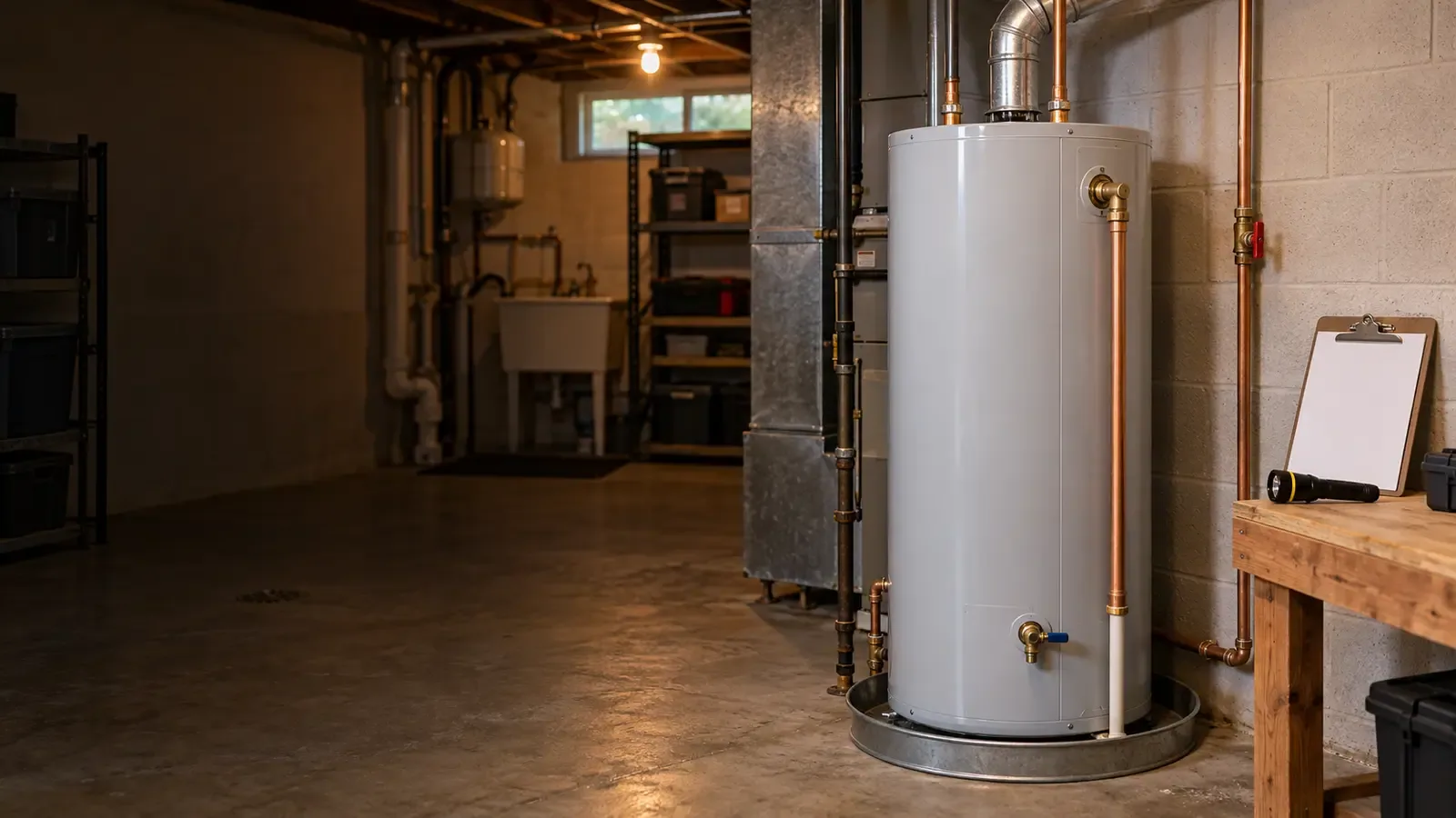 A newly installed residential water heater beside a blank clipboard and flashlight in a clean basement.