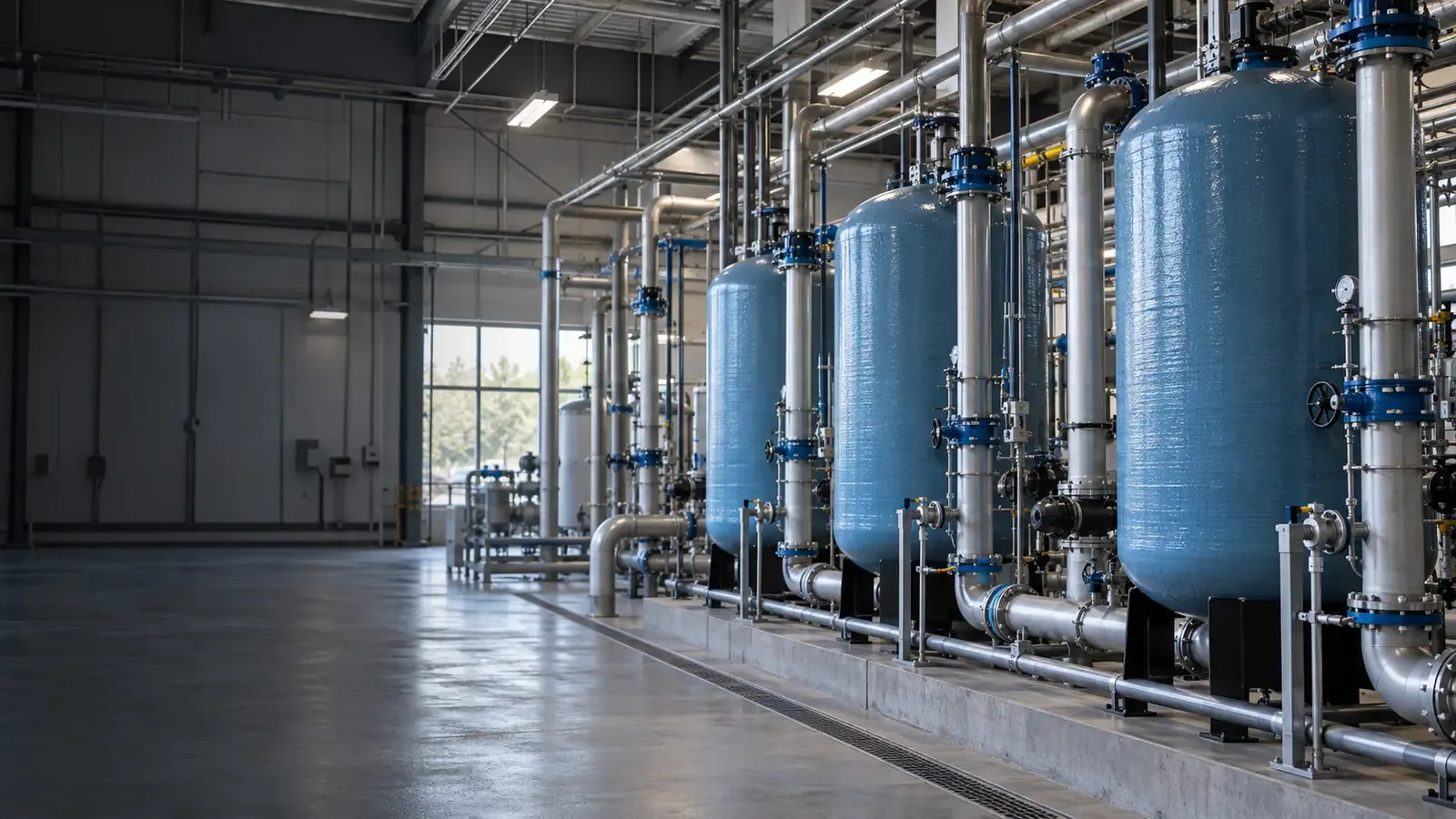 Rows of unbranded ion-exchange vessels and piping inside a clean municipal water-treatment building.