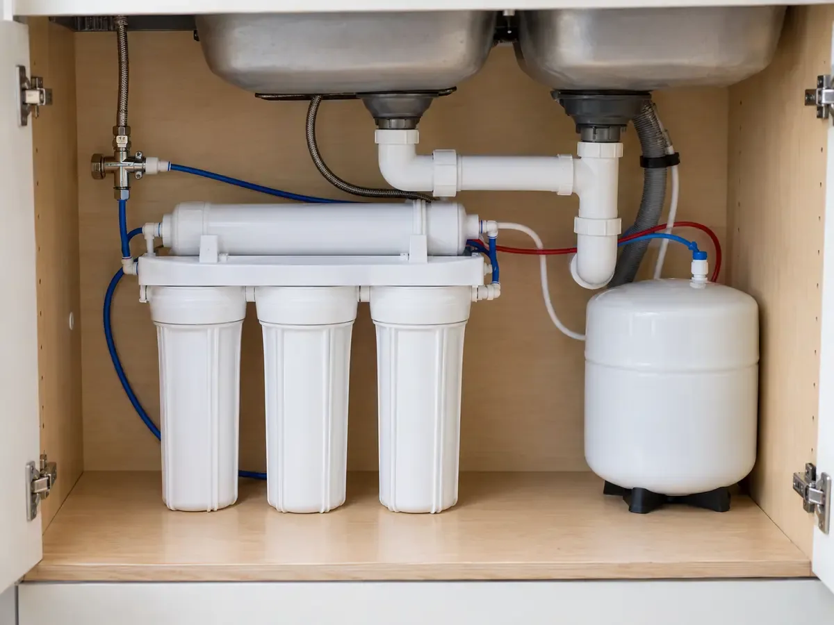 An unbranded reverse-osmosis filtration system installed neatly inside a kitchen sink cabinet.
