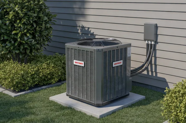 A residential central air-conditioning condenser on a concrete pad beside a house.