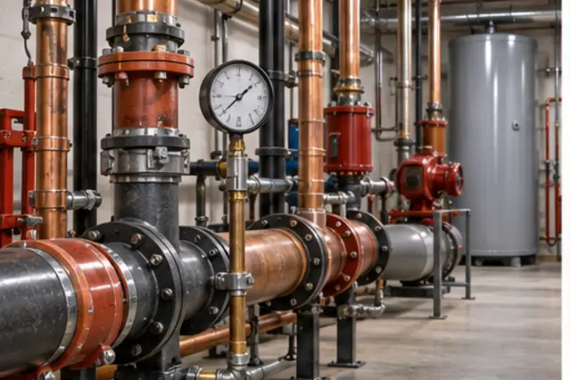A clean commercial mechanical room with large piping, valves, and a pressure gauge.