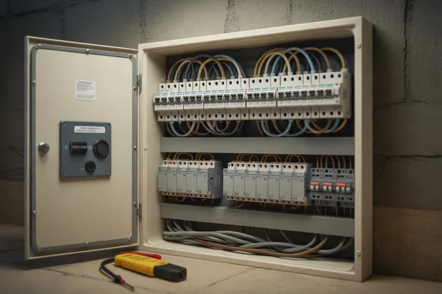 A neatly wired residential electrical panel with its cover open.