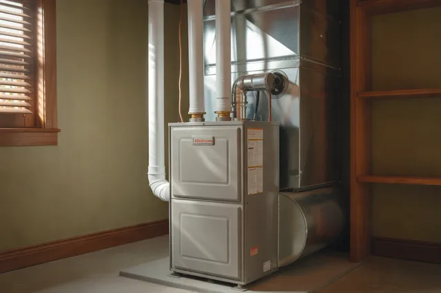 A residential furnace and ductwork in a clean basement utility space.