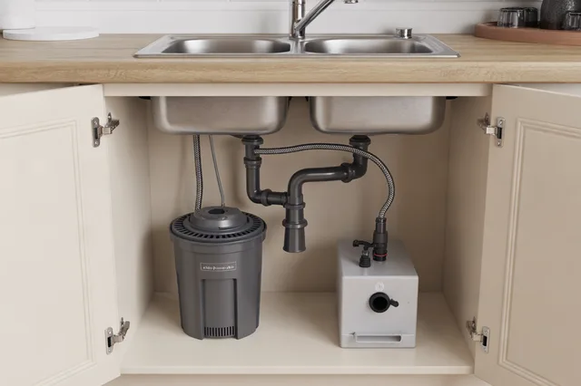 An under-sink cabinet with a garbage disposal, dishwasher drain, and supply valves.
