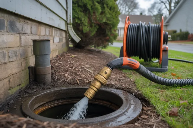 A hydro-jetting hose fed into an outdoor residential sewer cleanout.