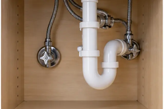 Neat under-sink residential plumbing with supply lines, valves, and a drain trap.