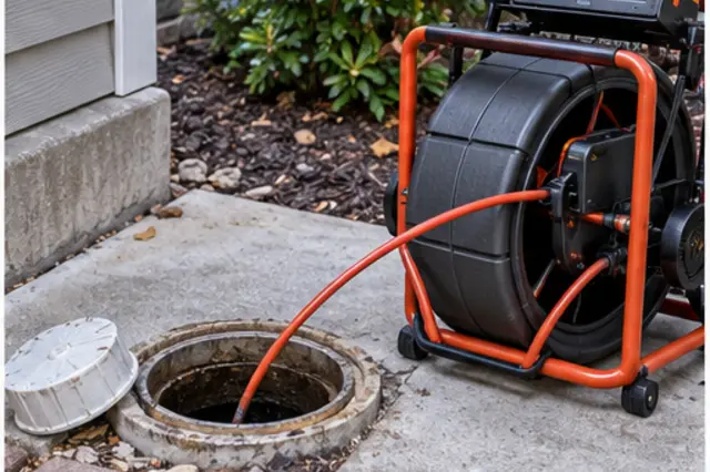A residential sewer cleanout with an inspection camera cable and drain equipment.